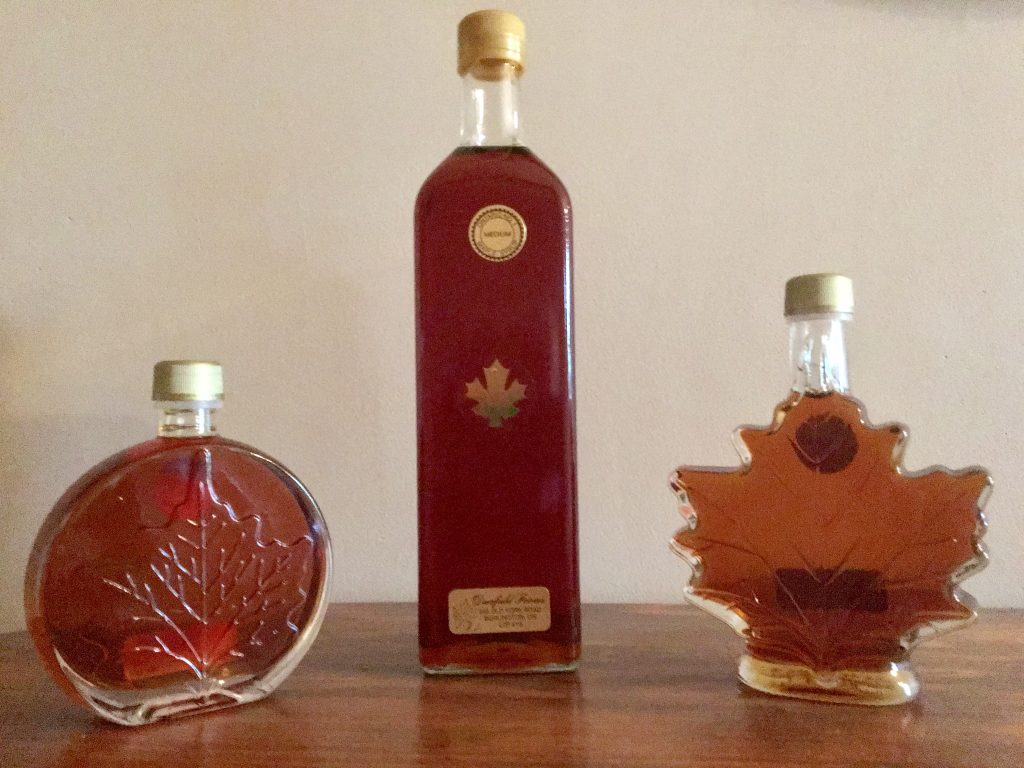 Bottles of Deerfield Farm maple syrup